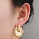18K Gold Plated Radial Pattern Chunky Textured Brass Pendant Stud Earrings for Women's Statement Fashion Jewelry - Image 4