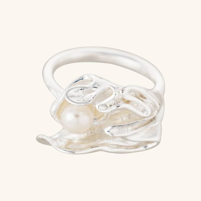 Wholesale Fine Jewelry Silver Plated Imitation Pearl Inlay Chunky Irregular Textured Open Resizable Fashion Rings - Image 1