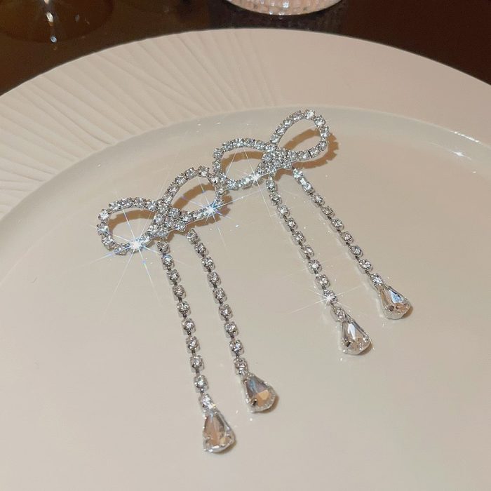 Vintagy Fashion Jewelry Zirconia Diamond Cute Knot Bow Shape Long Tassel Imitation Rhodium Plated Brass Drop Earrings - Image 5