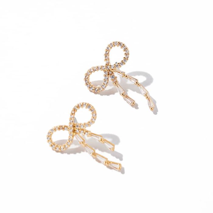 16K Gold Plated Vintage Style Brass Stud Earrings with Knot Bow Shape and Zircon Inlay Women's Party Gift - Image 1