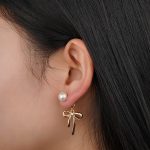 2024 Fashionable Vintage Brass Jewelry with Knot Bow Imitation Pearl Stud Elegant Dangle Earrings for Women Gift - Image 2