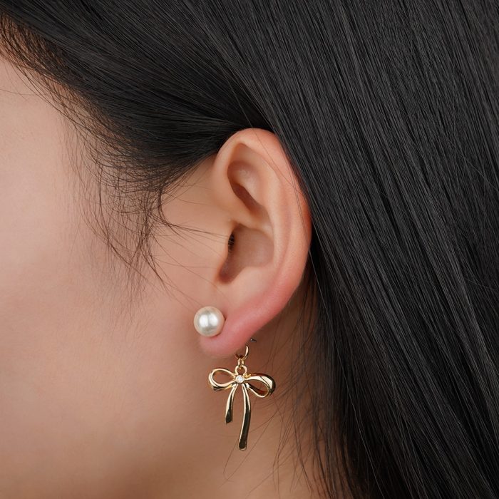 2024 Fashionable Vintage Brass Jewelry with Knot Bow Imitation Pearl Stud Elegant Dangle Earrings for Women Gift - Image 2