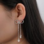 Vintagy Fashion Jewelry Zirconia Diamond Cute Knot Bow Shape Long Tassel Imitation Rhodium Plated Brass Drop Earrings - Image 2
