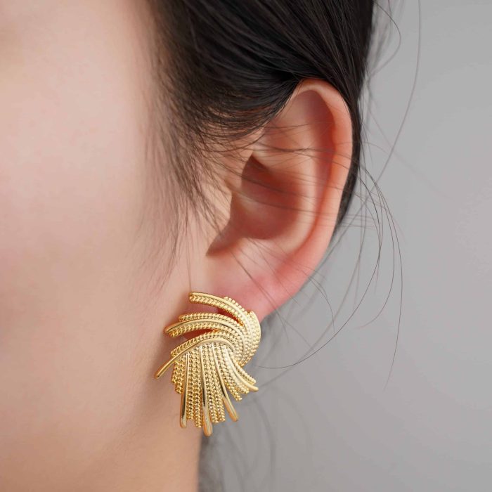 2024 Fashionable Vintage Jewelry 18K Gold Plated Spiral Splash Textured Brass Stud Earrings - Image 4