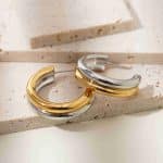 Dual Colors C Shape Fashion Jewelry Earrings Waterproof Stainless Steel 18K Gold Plated Open Hoop Earrings for Women - Image 2