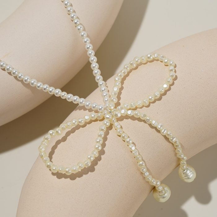 Fashion Vintage Design Jewelry Full Beaded Imitation Pearl Knot Bow Shape Pendent Necklace Women's Gift - Image 2