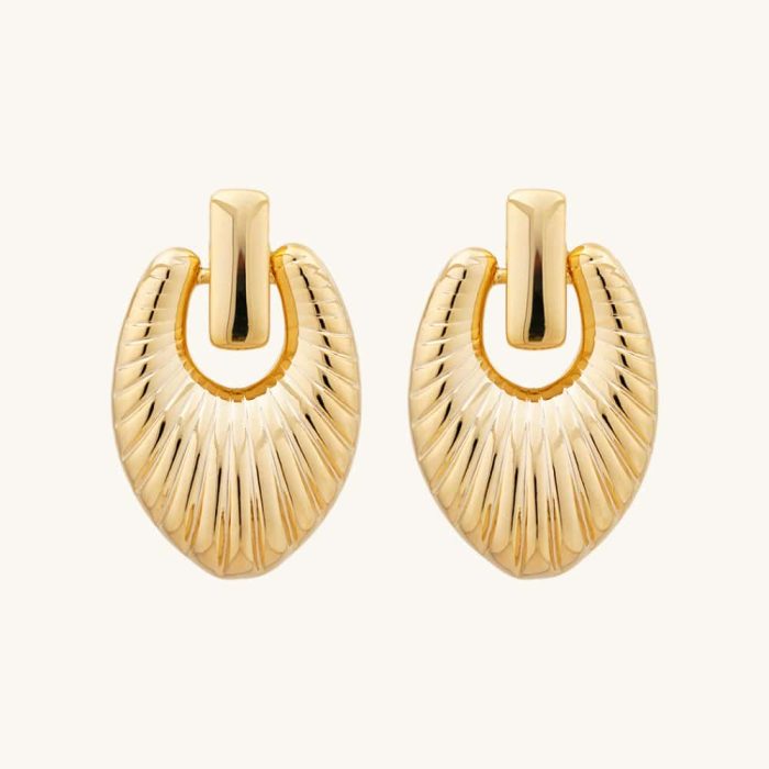 18K Gold Plated Radial Pattern Chunky Textured Brass Pendant Stud Earrings for Women's Statement Fashion Jewelry - Image 1