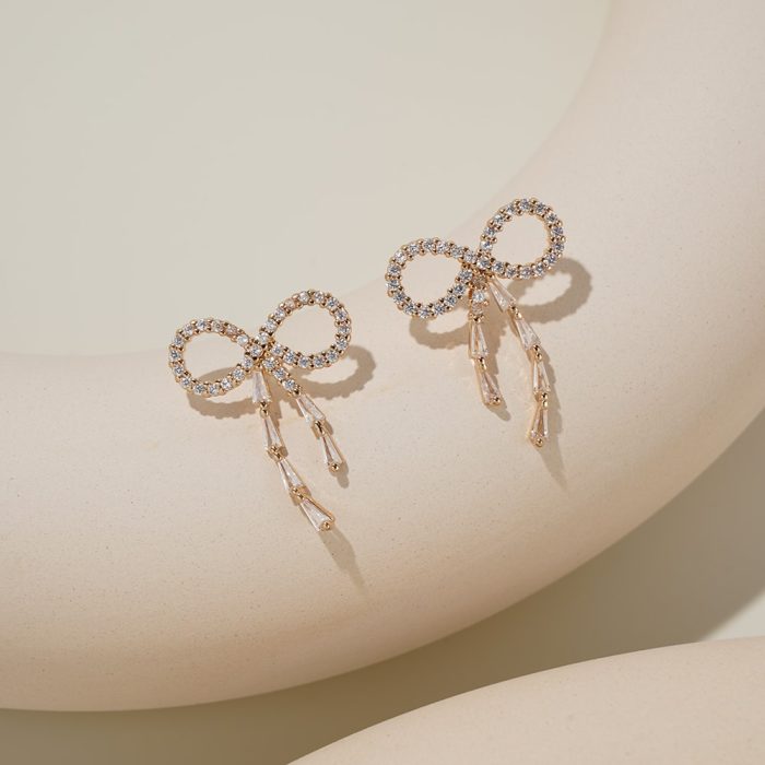 16K Gold Plated Vintage Style Brass Stud Earrings with Knot Bow Shape and Zircon Inlay Women's Party Gift - Image 3
