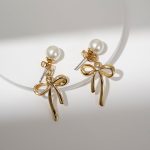 2024 Fashionable Vintage Brass Jewelry with Knot Bow Imitation Pearl Stud Elegant Dangle Earrings for Women Gift - Image 5