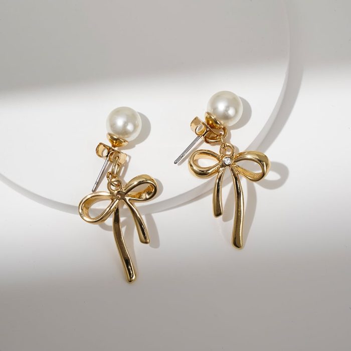 2024 Fashionable Vintage Brass Jewelry with Knot Bow Imitation Pearl Stud Elegant Dangle Earrings for Women Gift - Image 5