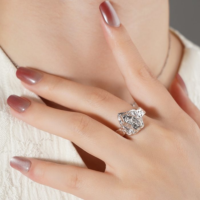 Chunky Irregular Geometry Silver-Plated Brass Rings Open and Resizable Fashion Accessories - Image 2