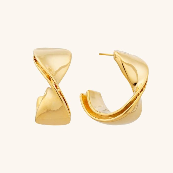 New Arrival Vintage Style Double Chunky Layers Twisted 18K Gold Plated Minimalist Brass Open Hoop Earrings - Image 1