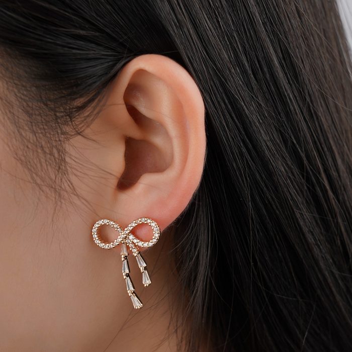 16K Gold Plated Vintage Style Brass Stud Earrings with Knot Bow Shape and Zircon Inlay Women's Party Gift - Image 2