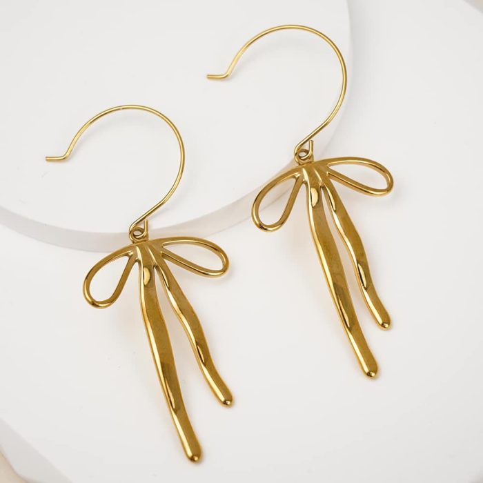 New Design Elegant Women's Stainless Steel Jewelry Tarnish-Free 18K Gold Plated Vintage Style Knot Bow Pendant Earrings - Image 4