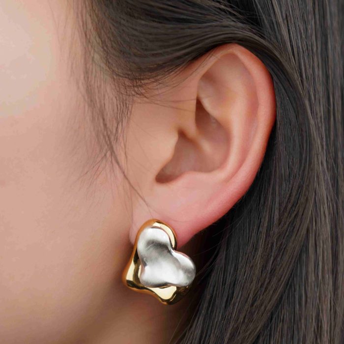 Irregular Two Layers Heart Shape Waterproof Non Tarnish 18K Gold and Palladium Plated Stud Earrings for Women - Image 4