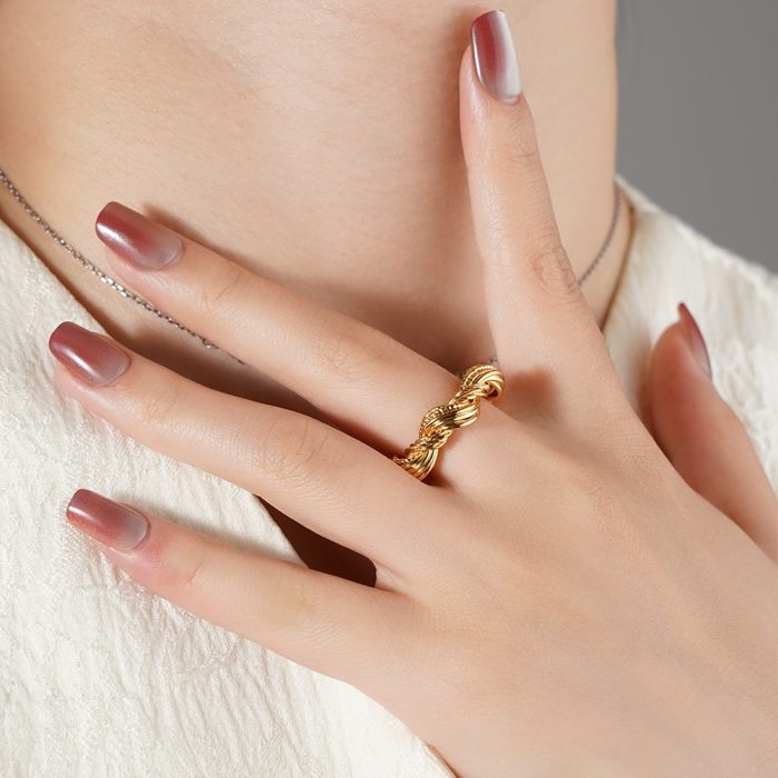 Wholesale Bulk 18K Gold Plated Trendy Fine Jewelry Personalized Chunky Textured Multi Ropes Twisted Resizable Rings - Image 2