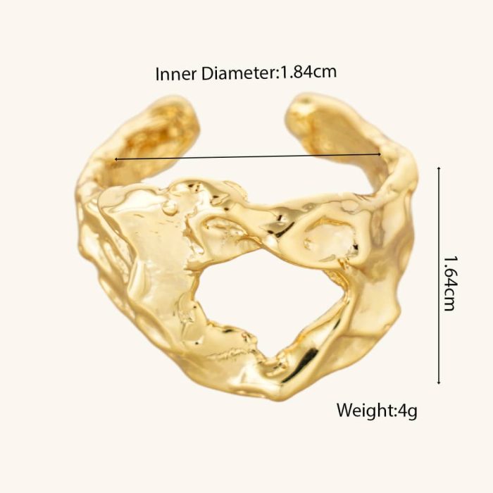 Wholesale Bulk Fashion Jewelry Chunky Hammered Textured 18K Gold Plated Brass Irregular Heart Shape Adjustable Rings - Image 6