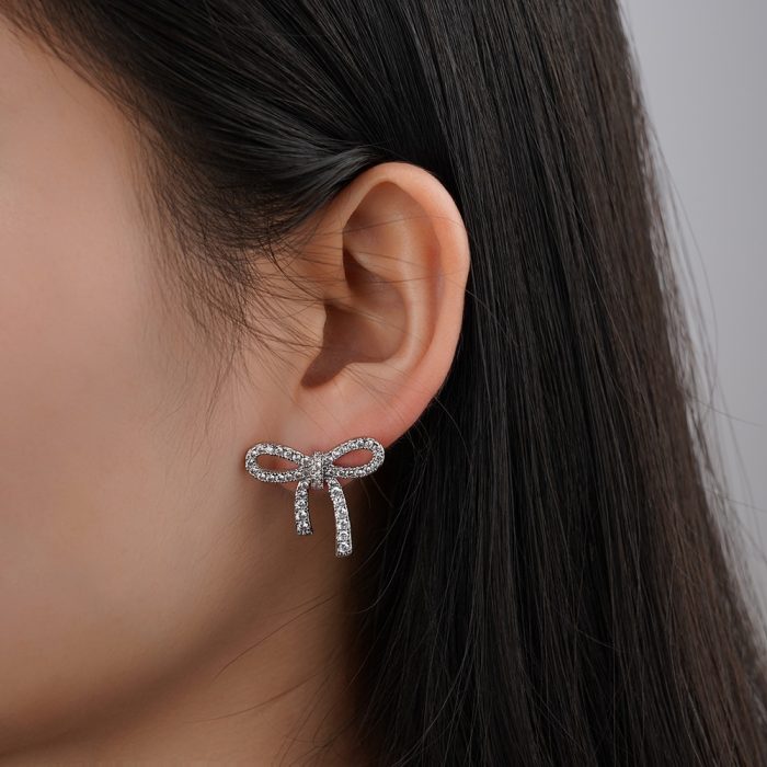 Factory Wholesale Vintage Jewelry Brass Dangle Earrings with Zircon Inlay Knot Bow Design for Wedding Party or Gift - Image 2