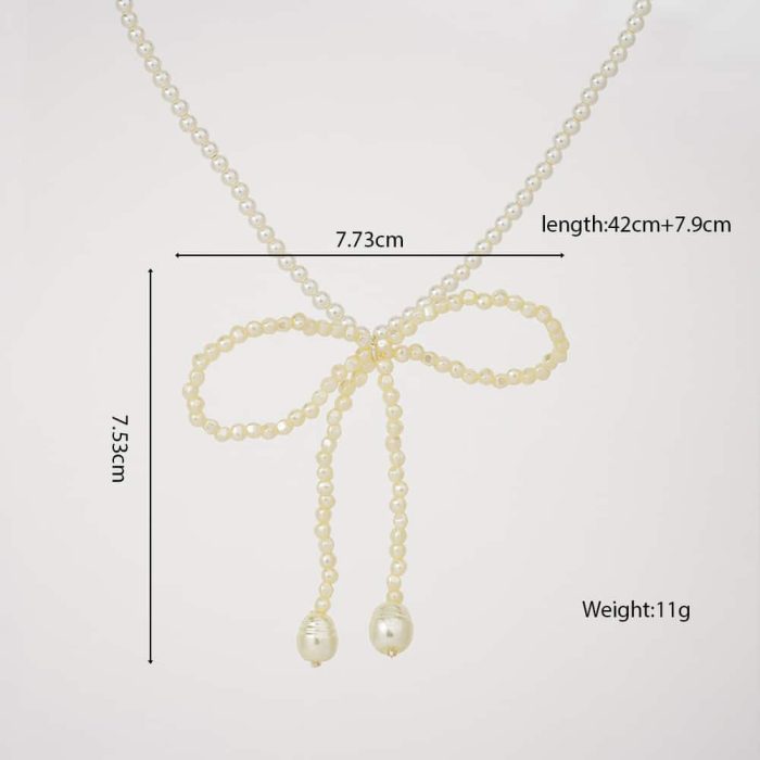 Fashion Vintage Design Jewelry Full Beaded Imitation Pearl Knot Bow Shape Pendent Necklace Women's Gift - Image 6