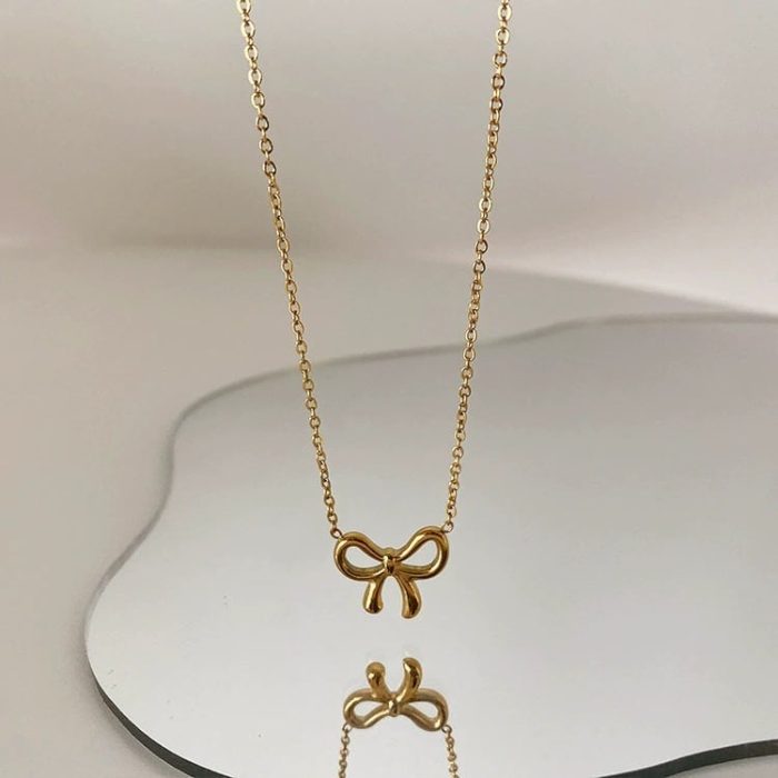 Minimalist Design Stainless Steel Fashion Accessory Waterproof with 18K Gold Plating Tempered Knot Bow Pendant Necklace - Image 2