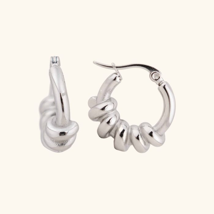 2024 Premium Waterproof Women'S Stainless Steel Silver Color Stud Twisted Art Design Hoop Earrings - Image 1