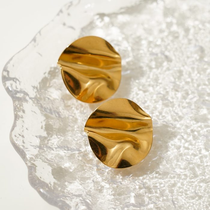 Geometric Stainless Steel Earring Gold Jewelry Earrings Pleated Polished Stud Earrings For Women - Image 3