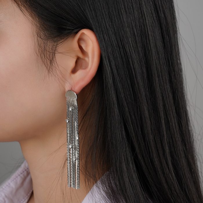 Luxury Trendy Zirconia Diamond Brass Based Dangle Tassel Stud Earrings for Women Events - Image 5