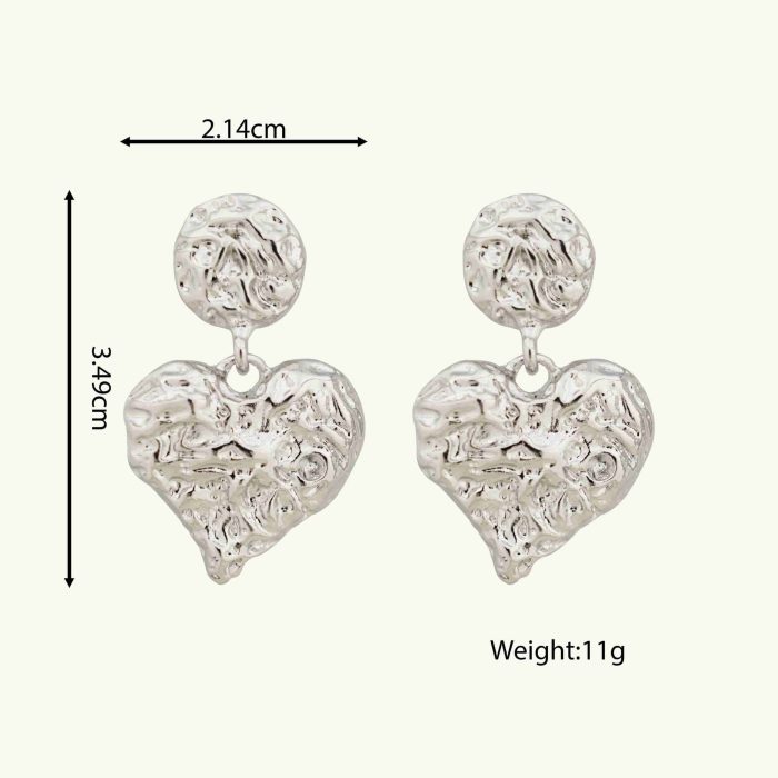 Classic Stylish Heart Shape Pendant Imitation Rhodium Plated Hammered Zinc Alloy Drop Earrings for Women - Image 6