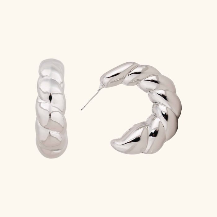 Palladium Plating Silver Color Popular Earrings Twisted Textured Fashion Half Hoop Earrings With Stud For Women - Image 1