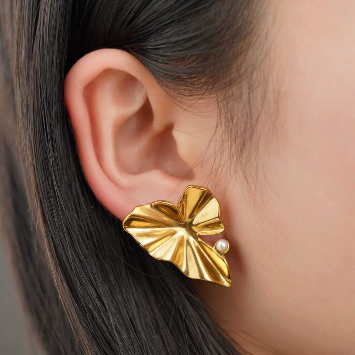 18K gold irregular pleated titanium steel necklace earrings rings women's stainless steel jewelry wholesale - Image 4
