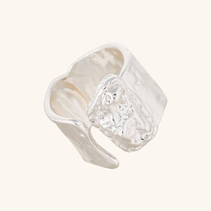 Women's Statement Jewelry Vintage Chunky Hammered Textured Silver Plated Brass Open Adjustable Ring - Image 1