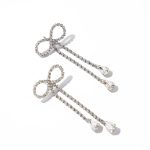 Vintagy Fashion Jewelry Zirconia Diamond Cute Knot Bow Shape Long Tassel Imitation Rhodium Plated Brass Drop Earrings