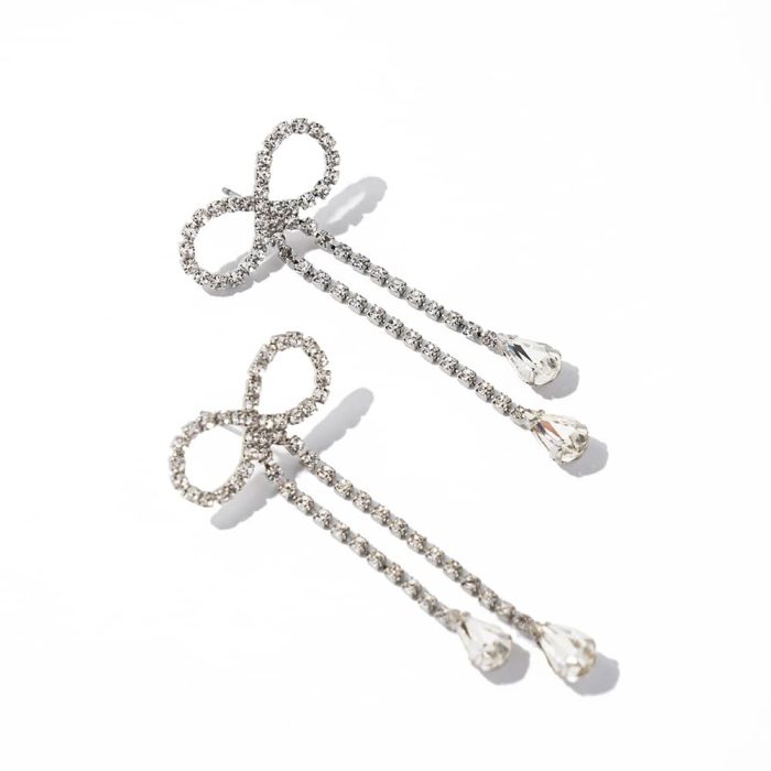 Vintagy Fashion Jewelry Zirconia Diamond Cute Knot Bow Shape Long Tassel Imitation Rhodium Plated Brass Drop Earrings - Image 1