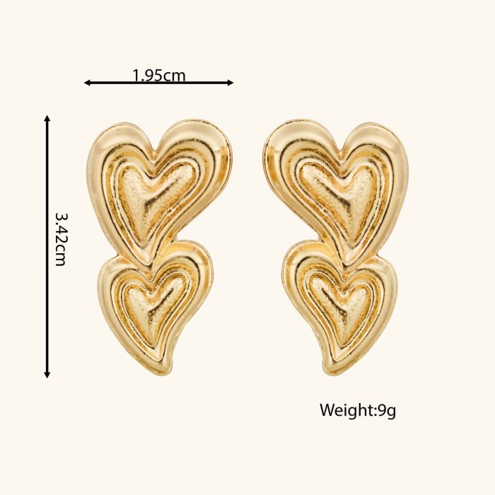 Zinc Alloy Double Love Earrings Fashion Irregular Hearts Gold Color Stud Earrings for Women Daily Wear - Image 2