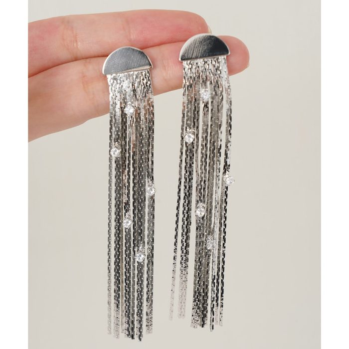 Luxury Trendy Zirconia Diamond Brass Based Dangle Tassel Stud Earrings for Women Events - Image 3