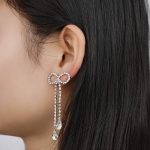 Vintagy Fashion Jewelry Zirconia Diamond Cute Knot Bow Shape Long Tassel Imitation Rhodium Plated Brass Drop Earrings - Image 3