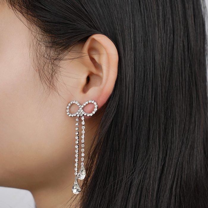 Vintagy Fashion Jewelry Zirconia Diamond Cute Knot Bow Shape Long Tassel Imitation Rhodium Plated Brass Drop Earrings - Image 3