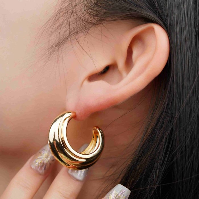 New Arrival 2024 Fashion Jewelry Earrings 18K Gold Plated Chunky Textured Brass Open Hoop Earrings for Women - Image 3
