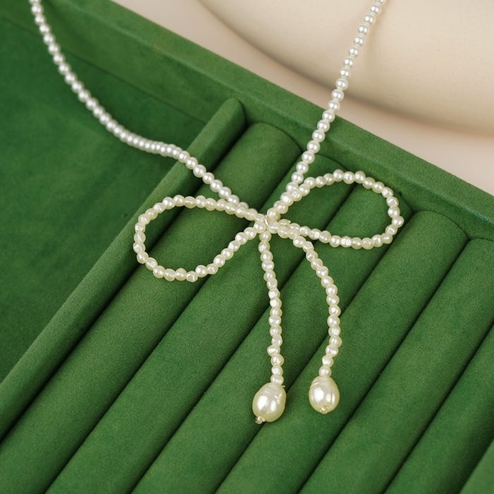 Fashion Vintage Design Jewelry Full Beaded Imitation Pearl Knot Bow Shape Pendent Necklace Women's Gift - Image 4