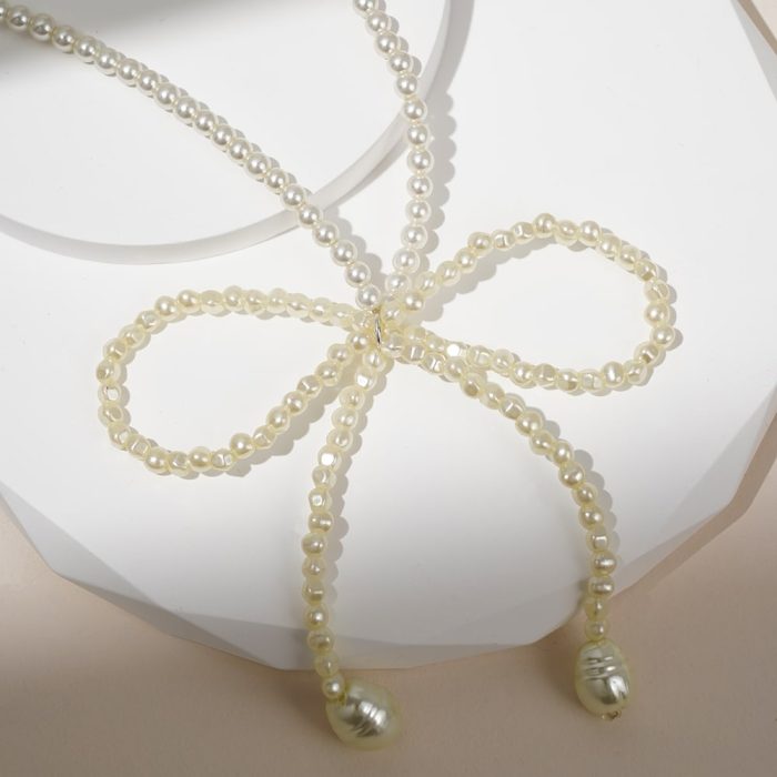Fashion Vintage Design Jewelry Full Beaded Imitation Pearl Knot Bow Shape Pendent Necklace Women's Gift - Image 5