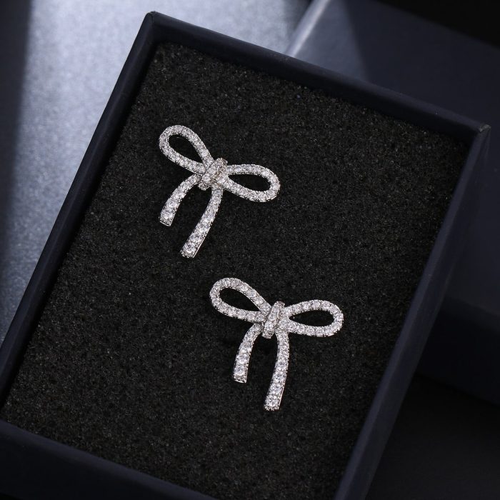 Factory Wholesale Vintage Jewelry Brass Dangle Earrings with Zircon Inlay Knot Bow Design for Wedding Party or Gift - Image 3