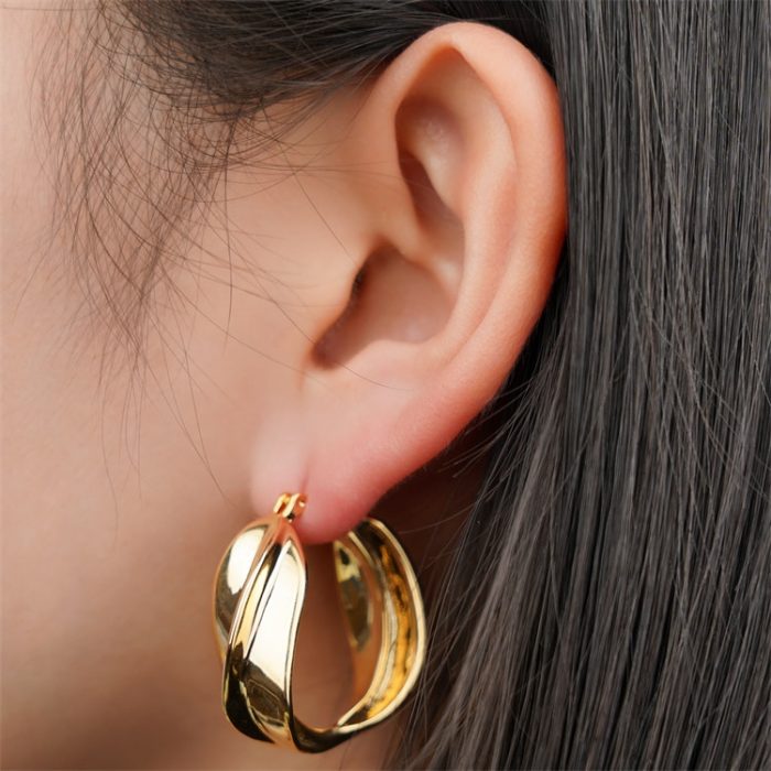 Fashionable Costume Jewelry Chunky Twisted 18K Gold Plated Brass Hoop Earrings Hyperbole Geometric Vintage Earrings for Women - Image 3