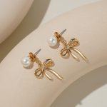 2024 Fashionable Vintage Brass Jewelry with Knot Bow Imitation Pearl Stud Elegant Dangle Earrings for Women Gift - Image 4