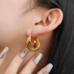 Factory Wholesale Jewelry Vintage Waterproof 14K Gold Plated Textured Chunky Stainless Steel Hoop Earrings for Women - Image 2