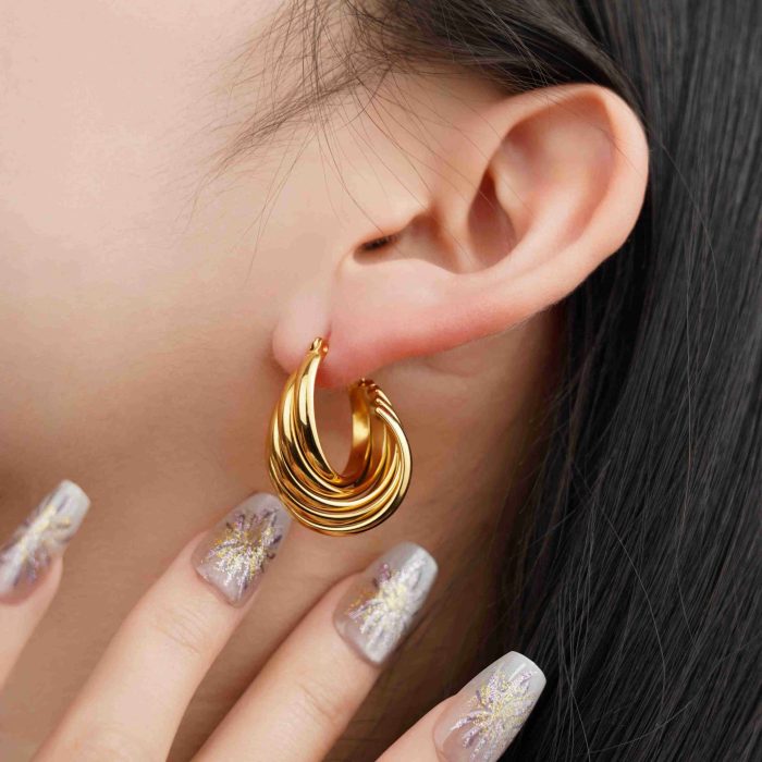 Factory Wholesale Jewelry Vintage Waterproof 14K Gold Plated Textured Chunky Stainless Steel Hoop Earrings for Women - Image 2