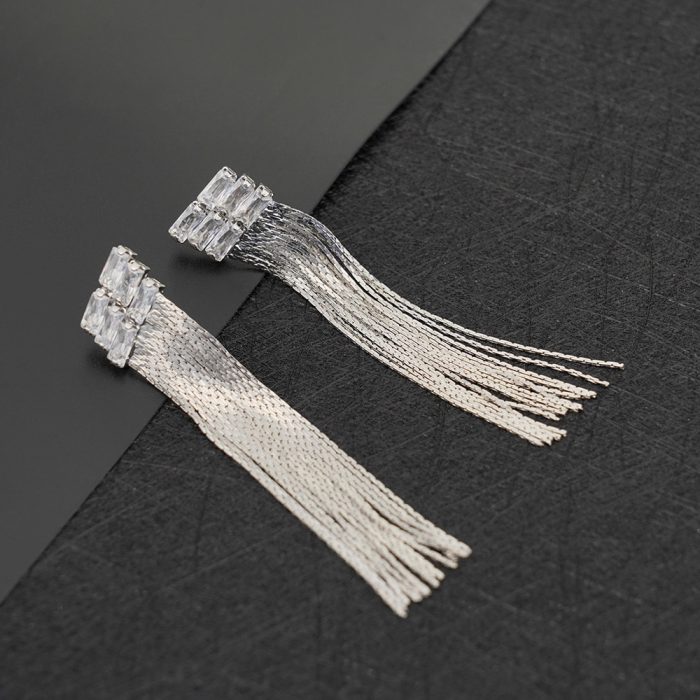 Fashionable Trendy Design Brass Rectangles Zirconia Diamond Long Tassel Stud Earrings for Women and Girl's Daily Wear - Image 3