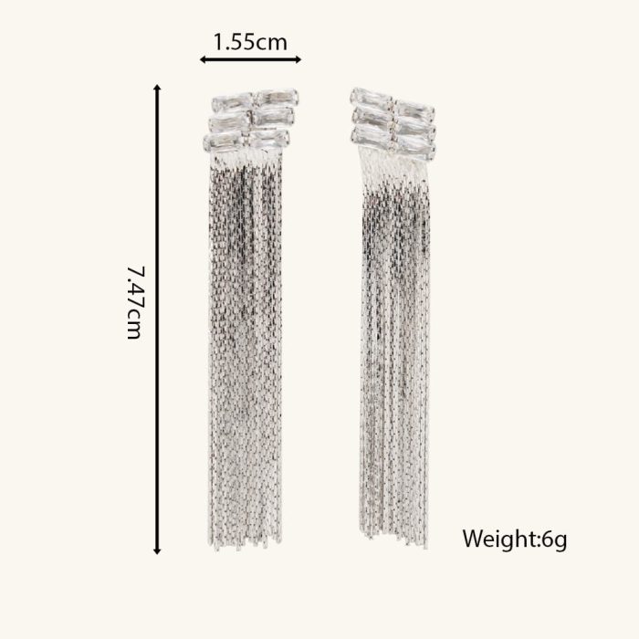 Fashionable Trendy Design Brass Rectangles Zirconia Diamond Long Tassel Stud Earrings for Women and Girl's Daily Wear - Image 6