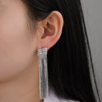 Fashionable Trendy Design Brass Rectangles Zirconia Diamond Long Tassel Stud Earrings for Women and Girl's Daily Wear - Image 4