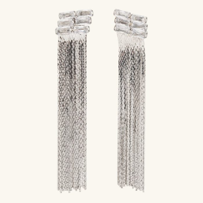 Fashionable Trendy Design Brass Rectangles Zirconia Diamond Long Tassel Stud Earrings for Women and Girl's Daily Wear - Image 1