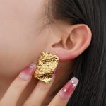 Gorgeous Stainless Steel Stud Earrings Jewelry Women Hammered Texture Square Irregular Earrings - Image 5